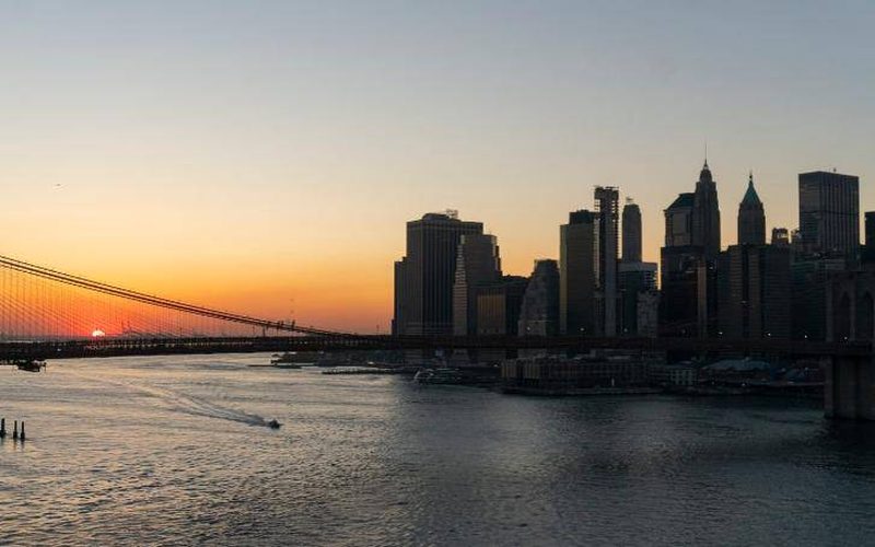 Lower Manhattan skyline at sunset